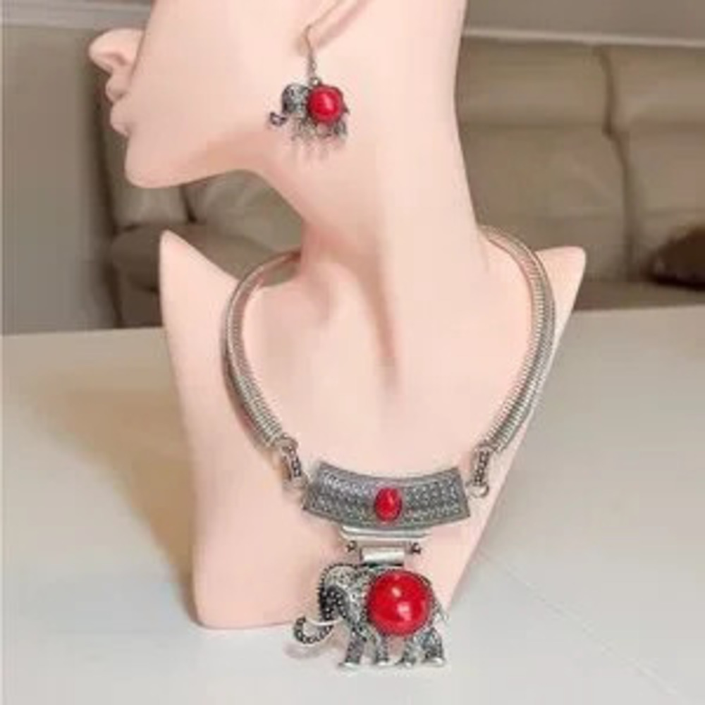 Silver Elephant Pendant Necklace and Earrings Set with Red Stones